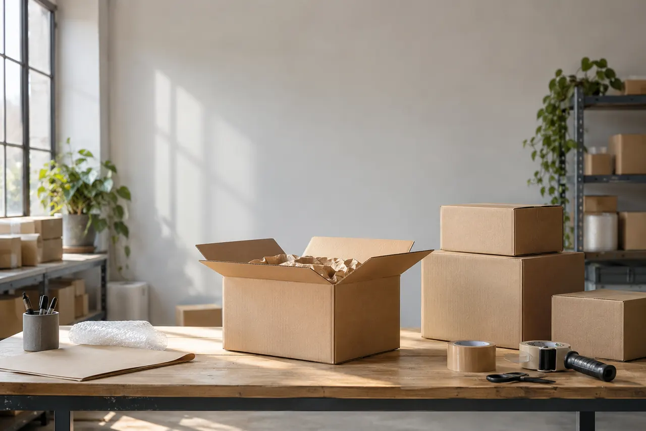 Mesa de embalaje con cajas a medio cerrar y rollos de cinta junto a la ventana.